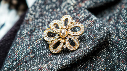 A luxury brooch with intricate designs pinned onto a stylish jacket.