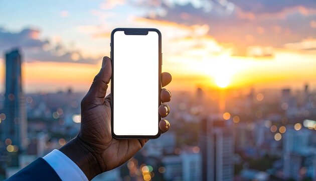 Hand holding a smartphone with a blank screen against a city skyline at sunset.