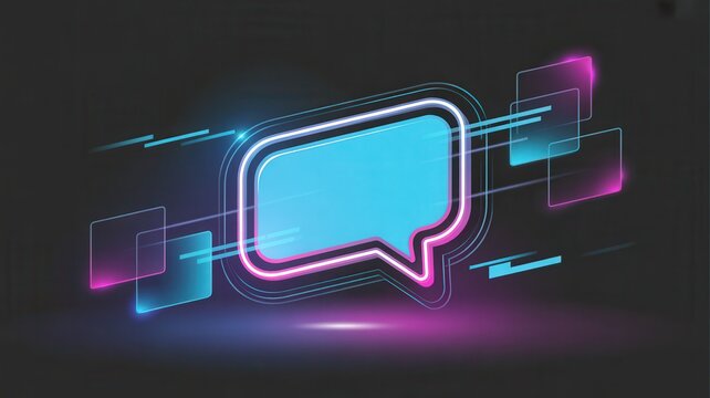 Dynamic neon speech bubble with digital data streams and glowing geometric shapes for modern communication concepts