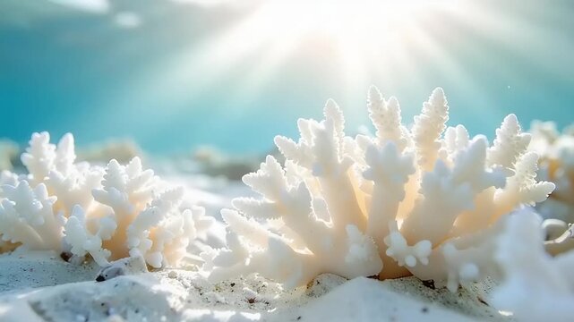 White coral underwater with bright sunlight and turquoise water