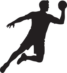 Dynamic silhouette handball player in mid air throwing a ball isolated on white background