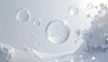 Abstract depiction of molecules in a translucent liquid, with bubbles and a wave-like surface