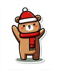 Cute beige bear sticker vector illustration wearing Christmas hat and scarf waving in full body front view on white background