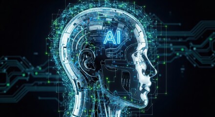 Artificial intelligence head with circuit pattern and glowing ai text