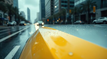 Rainy City Taxi Closeup.
