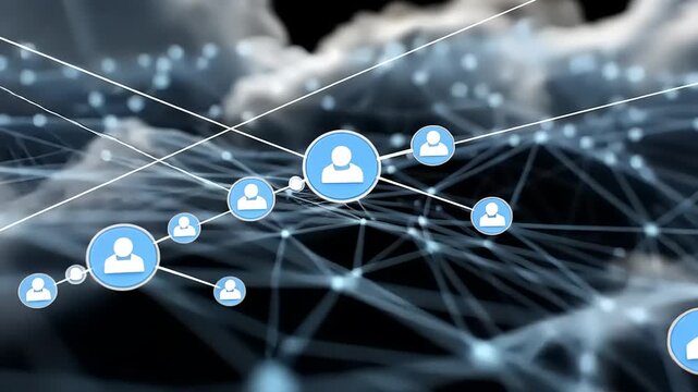 Digital network connection with user icons against a cloudy sky background, symbolizing communication - Powered by Adobe