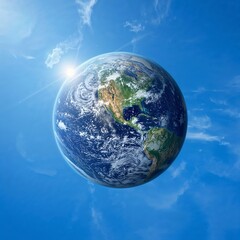 Fototapeta premium A Majestic Globe: A stunning photorealistic depiction of Earth, suspended in the vast expanse of a bright blue sky.