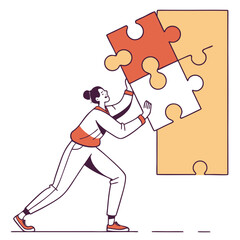Woman fitting a puzzle piece into a larger jigsaw puzzle representing teamwork and problem solving
