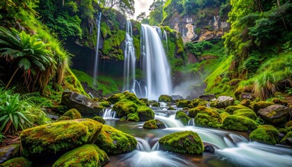Naklejka premium Graceful Waterfall Surrounded by Dense Green Forest and Moss-Covered Stones