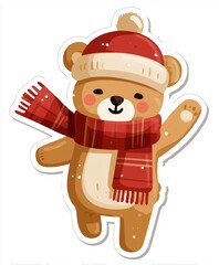 Cute beige bear sticker vector illustration wearing Christmas hat and scarf waving in full body front view on white background