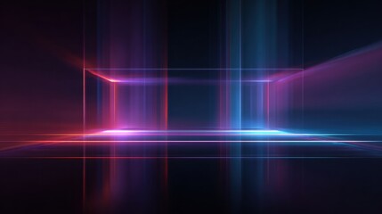 Obraz premium Glowing Neon Rectangular Frame in Blue, Pink, and Purple with Light Beams on Dark Background in Abstract Digital Composition