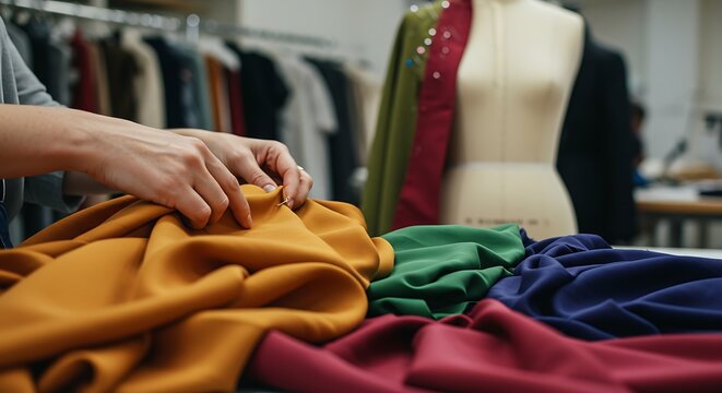 Designer arranging colorful fabrics on a table in a workshop setting
