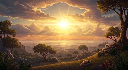Dramatic sunset scene with clouds trees and golden sunlight illustration