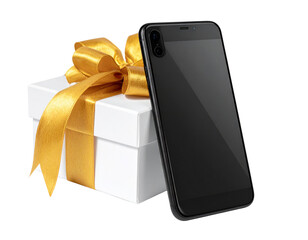 Minimalist Smartphone with Gold Bow Gift Box PNG