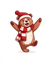 Cute beige bear sticker vector illustration wearing Christmas hat and scarf waving in full body front view on white background