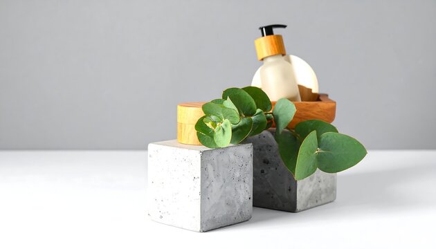 Cream bottle, eucalyptus leaves, concrete display