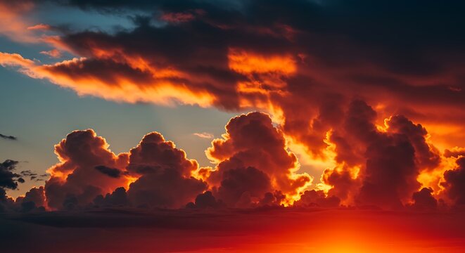 Dramatic sunset sky with fiery clouds at dusk or dawn
