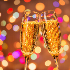 Close-up of two elegant champagne glasses clinking together with golden sparkling wine