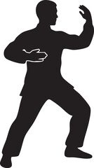 Martial artist performing a dynamic combat stance in a striking black silhouette isolated on white background