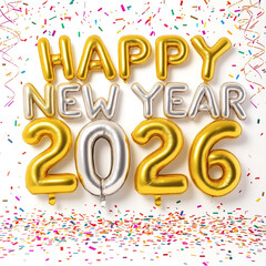 Happy New Year 2026 text in glowing crystal letters, surrounded by silver and gold balloons