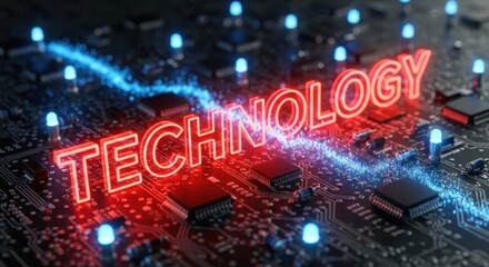Technology concept with glowing neon lights and circuit board details