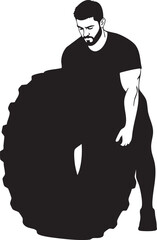 Muscular man silhouette flipping a large tire during a workout isolated on white background