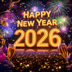 Happy New Year 2026 written in glowing golden letters with giant sparkling 2026 numbers