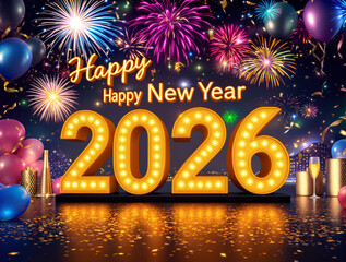Happy New Year 2026 glowing golden letters with giant sparkling 2026 numbers