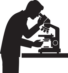 Scientist silhouette examining specimen under microscope isolated on white background
