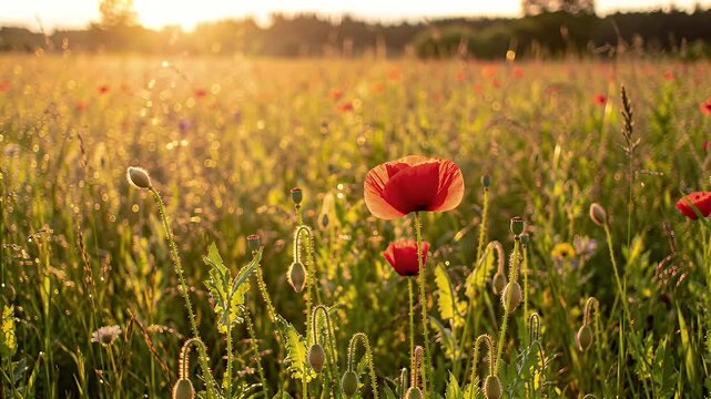 Time Lapsed Footage of a Meadow with Red Wildflowers at Sunset with Glistening Dew Drops and Golden Light Illuminating the Scene Near Lush Forest Edge in Rural Landscape