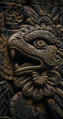 Ancient stone carving of a mythical dragon head with intricate details and mossy texture