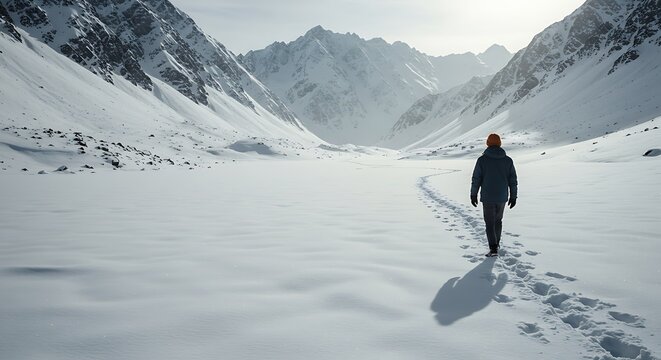 Lone figure walks through snowy mountain valley footprints in the snow