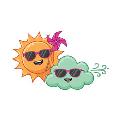 Cute cartoon sun and cloud characters wearing sunglasses.