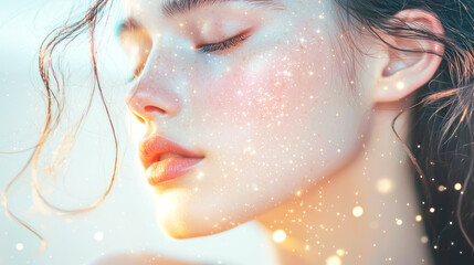 A celestial-inspired beauty background with soft glowing stars and pastel hues.