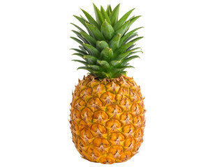 Fototapeta premium Single Ripe Pineapple with Vibrant Yellow Skin and Green Crown, front view, isolated on transparent background PNG