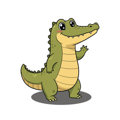 Cute green cartoon alligator standing and waving happily.