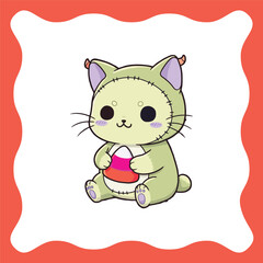 Cute Kawaii Cat Character in Halloween Costume Holding Candy Corn.