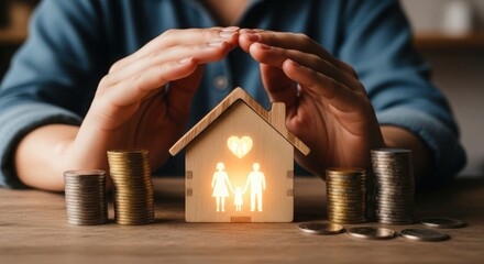 Hands protecting a wooden house model with coins, representing home security