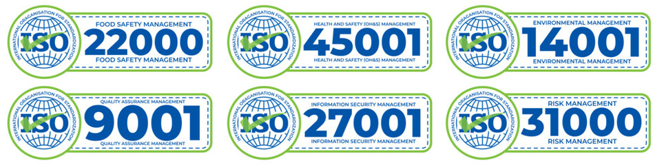 ISO Certification Labels Pack &ndash; 22000 Food Safety, 45001 Health and Safety, 14001 Environmental, 9001 Quality, 27001 Information Security, 31000 Risk Management