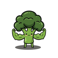 Cute Strong Broccoli Cartoon Character Flexing Muscles.