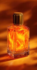 A rectangular glass perfume bottle with a gold cap, filled with a vibrant orange liquid, sits on an orange background, illuminated by warm light casting shadows