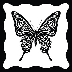 Elegant Butterfly Silhouette with Intricate Wing Patterns on White Background.