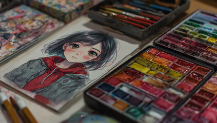Close up of a drawing of a cute anime girl with short dark hair and a red scarf surrounded by art supplies