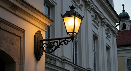 Ornate street lamp illuminates exterior of historic building during dusk or night