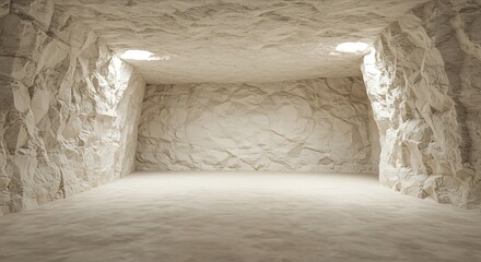 Fototapeta premium Empty square room with Large cavern white rock sand stone rough surface cave wall