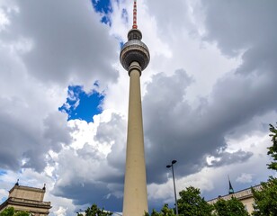 Naklejka premium Tall slender tower against a dramatic, cloudy sky