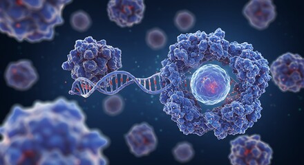 Microscopic view of biological structure with dna strand and cells