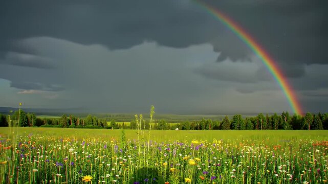 Vibrant Wildflower Meadow Blooming Time Lapse Under a Dramatic Cloudy Sky with a Vivid Rainbow Landscape Scenery and Serene Atmosphere in Green Field in the Countryside Backdrop