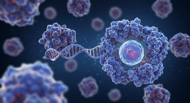 Microscopic view of biological structure with dna strand and cells