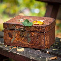 Rusty box on wooden bench